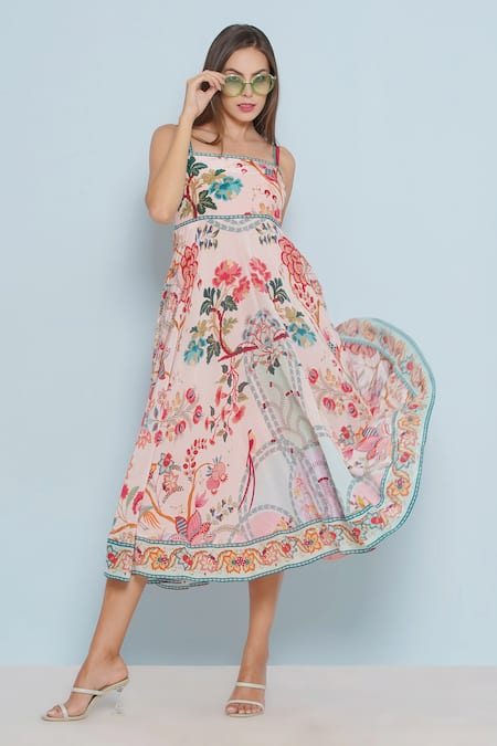 Limerick By Abirr N' Nanki_Pink Crepe Embroidery Square Claude Chintz Floral Pattern Fit And Flared Dress _at_Aza_Fashions