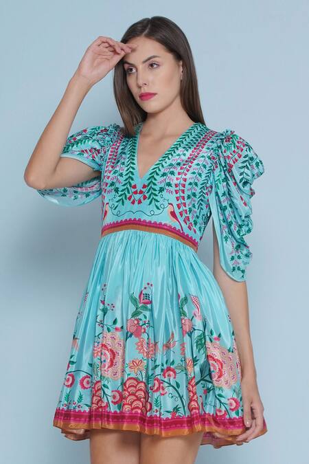 Limerick By Abirr N' Nanki_Blue Crepe Embroidery, Sequins V-neck Colet Floral Chintz Print Dress _Online_at_Aza_Fashions