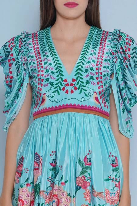 Buy_Limerick By Abirr N' Nanki_Blue Crepe Embroidery, Sequins V-neck Colet Floral Chintz Print Dress _Online_at_Aza_Fashions