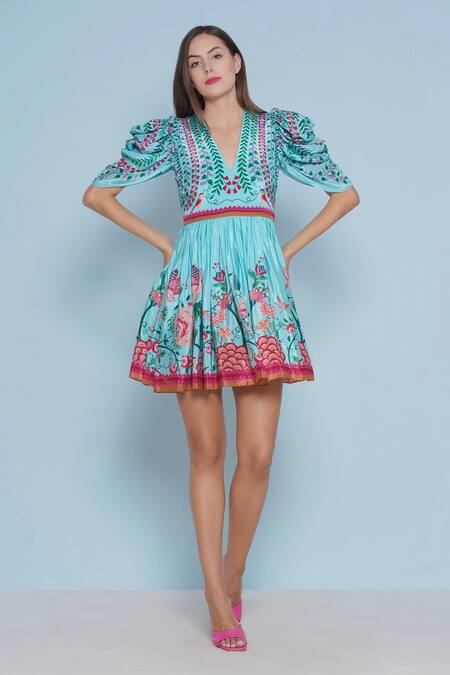 Shop_Limerick By Abirr N' Nanki_Blue Crepe Embroidery, Sequins V-neck Colet Floral Chintz Print Dress _Online_at_Aza_Fashions