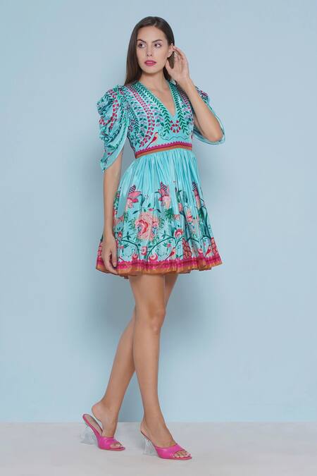 Limerick By Abirr N' Nanki_Blue Crepe Embroidery, Sequins V-neck Colet Floral Chintz Print Dress _at_Aza_Fashions