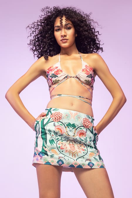 Limerick by Abirr N' Nanki Pink Crepe Printed Floral Plunged U Coro Chintz Bustier  