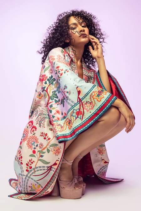 Limerick By Abirr N' Nanki_Pink Satin Pearls Open Neck Coro Chintz Print Oversized Jacket _Online_at_Aza_Fashions