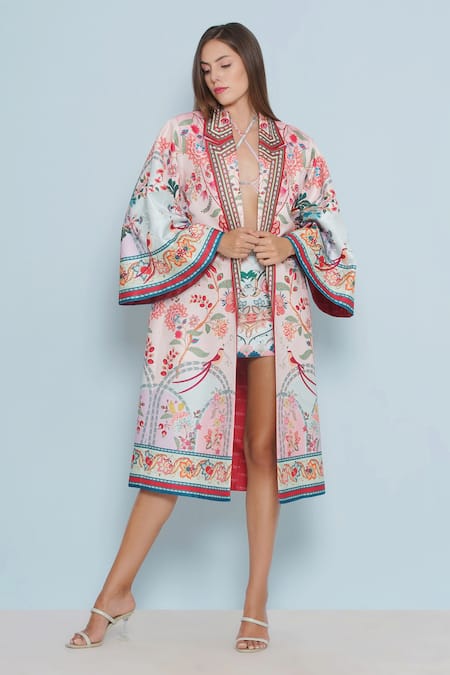 Buy_Limerick By Abirr N' Nanki_Pink Satin Pearls Open Neck Coro Chintz Print Oversized Jacket _Online_at_Aza_Fashions