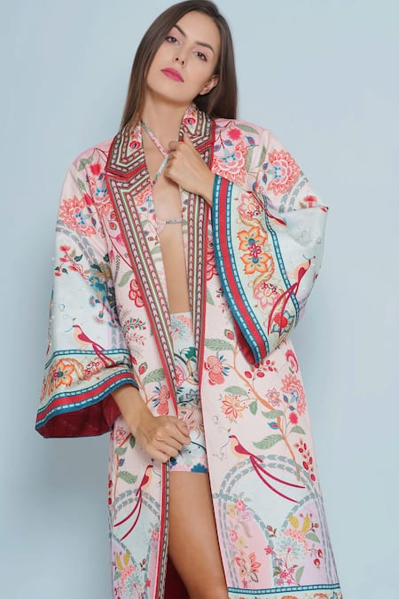 Shop_Limerick By Abirr N' Nanki_Pink Satin Pearls Open Neck Coro Chintz Print Oversized Jacket _Online_at_Aza_Fashions