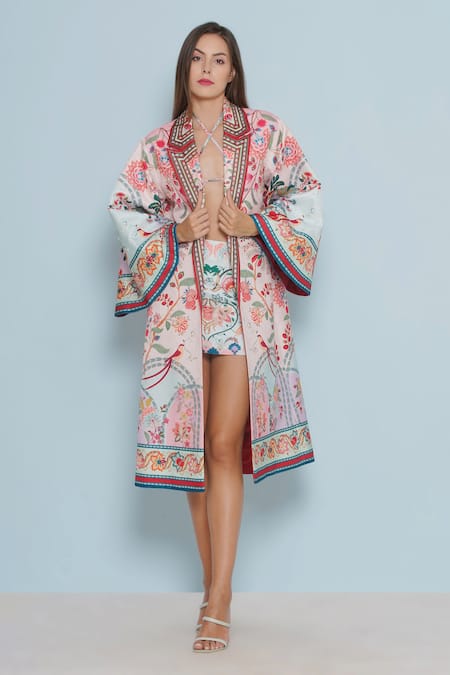 Limerick By Abirr N' Nanki_Pink Satin Pearls Open Neck Coro Chintz Print Oversized Jacket _at_Aza_Fashions