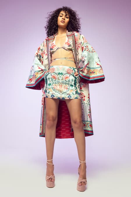 Buy_Limerick By Abirr N' Nanki_Pink Satin Pearls Open Neck Coro Chintz Print Oversized Jacket 
