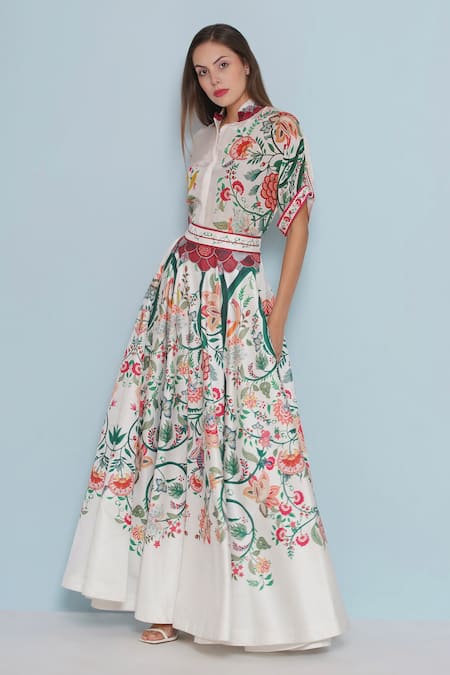 Limerick By Abirr N' Nanki_White Satin Crysal Floral Chintz Print Skirt _Online_at_Aza_Fashions