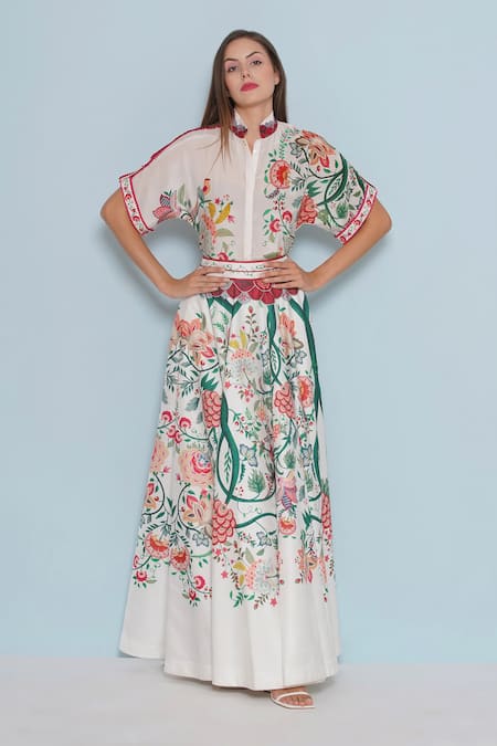 Buy_Limerick By Abirr N' Nanki_White Satin Crysal Floral Chintz Print Skirt _Online_at_Aza_Fashions