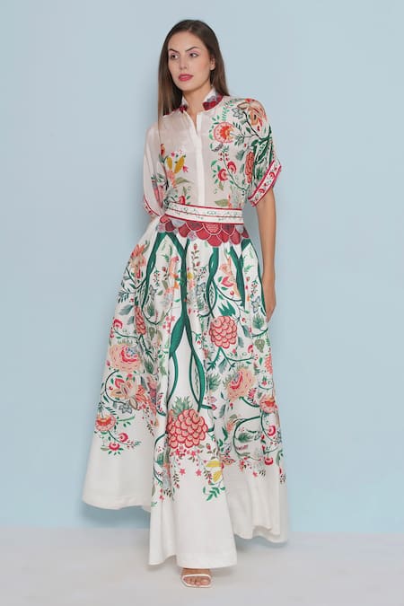 Shop_Limerick By Abirr N' Nanki_White Satin Crysal Floral Chintz Print Skirt _Online_at_Aza_Fashions