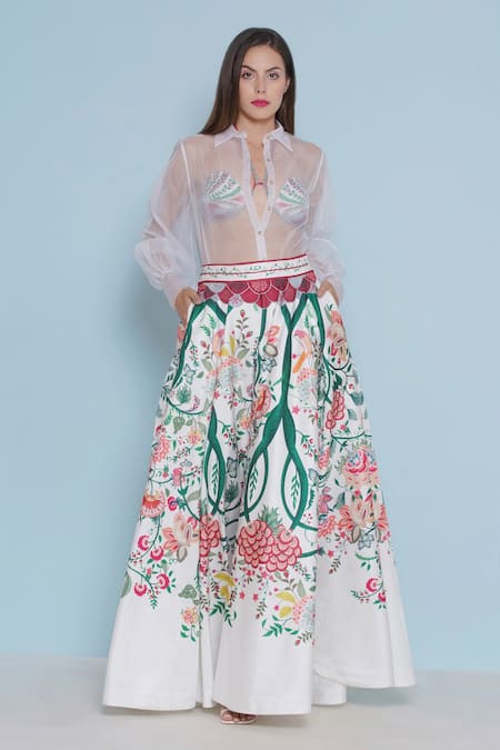 Limerick By Abirr N' Nanki_White Satin Crysal Floral Chintz Print Skirt _at_Aza_Fashions