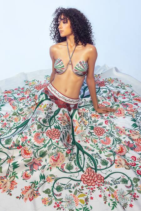 Buy_Limerick By Abirr N' Nanki_White Satin Crysal Floral Chintz Print Skirt 