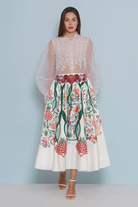 Limerick by Abirr N' Nanki White Habutai Silk Printed Floral Crysal Garden Skirt 