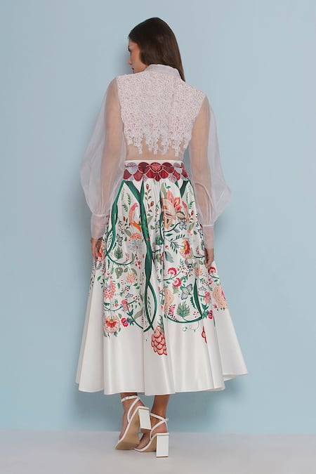 Shop_Limerick By Abirr N' Nanki_White Silk Embroidery Crysal Garden Print Skirt _at_Aza_Fashions