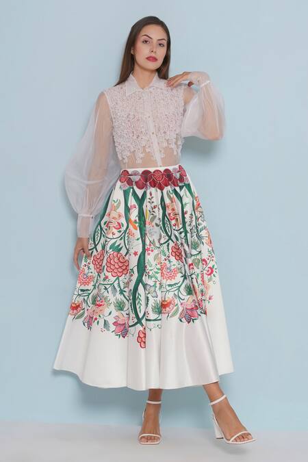 Limerick By Abirr N' Nanki_White Silk Embroidery Crysal Garden Print Skirt _Online_at_Aza_Fashions