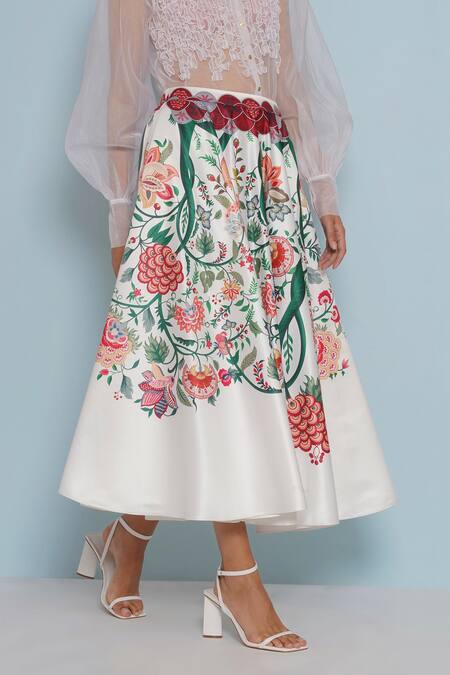 Buy_Limerick By Abirr N' Nanki_White Silk Embroidery Crysal Garden Print Skirt _Online_at_Aza_Fashions