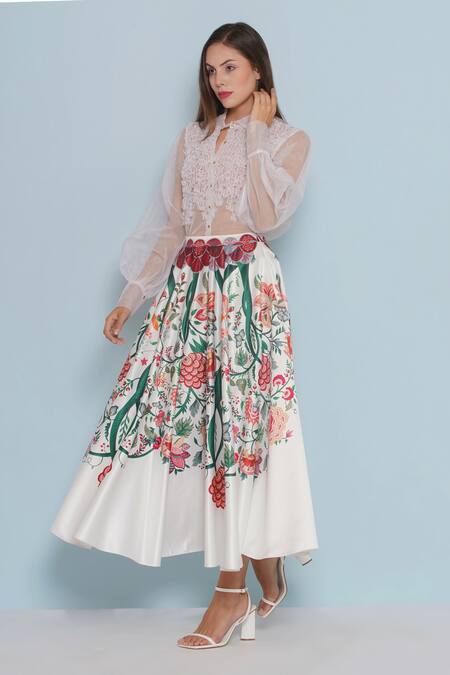 Shop_Limerick By Abirr N' Nanki_White Silk Embroidery Crysal Garden Print Skirt _Online_at_Aza_Fashions