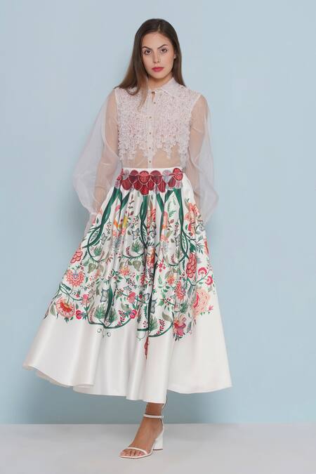 Limerick By Abirr N' Nanki_White Silk Embroidery Crysal Garden Print Skirt _at_Aza_Fashions