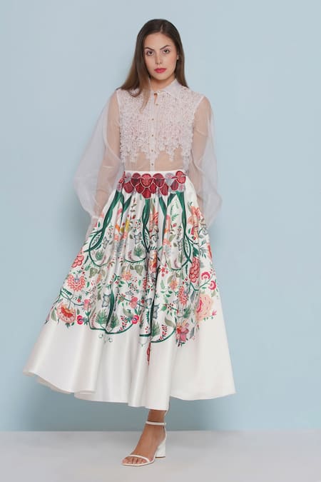 Limerick By Abirr N' Nanki Ivory Organza Collared Crysal Ruched Shirt