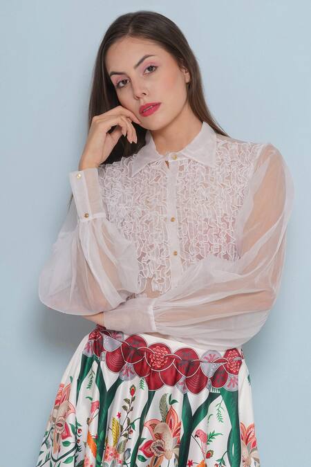 Shop Limerick By Abirr N' Nanki Ivory Organza Collared Crysal Ruched Shirt Online at Aza Fashions Shop_Limerick By Abirr N' Nanki_Ivory Organza Collared Crysal Ruched Shirt _Online_at_Aza_Fashions