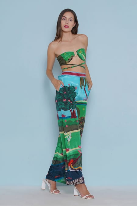 Limerick By Abirr N' Nanki_Green Crepe Sweetheart Neck Botanical Printed Bustier _at_Aza_Fashions