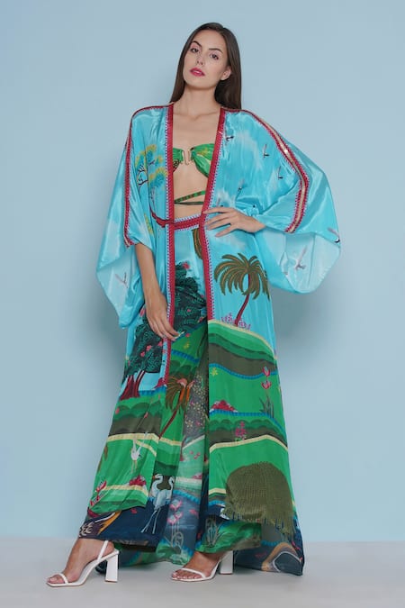 Shop Limerick By Abirr N' Nanki Blue Crepe Daze Botanical Print Kimono at Aza Fashions Shop_Limerick By Abirr N' Nanki_Blue Crepe Daze Botanical Print Kimono _at_Aza_Fashions
