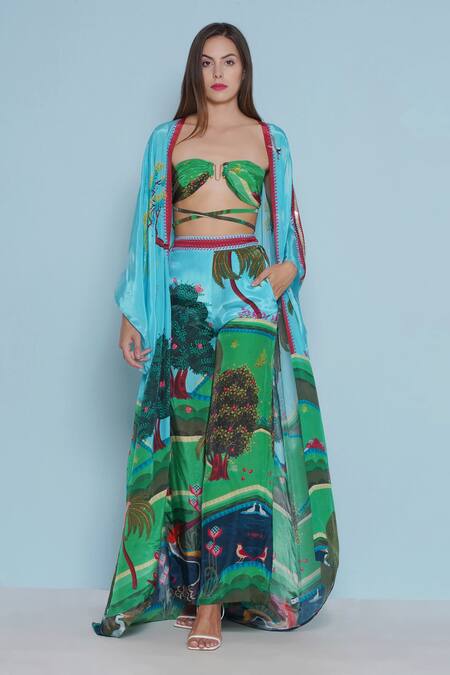 Shop Limerick By Abirr N' Nanki Blue Crepe Daze Botanical Print Kimono Online at Aza Fashions Shop_Limerick By Abirr N' Nanki_Blue Crepe Daze Botanical Print Kimono _Online_at_Aza_Fashions