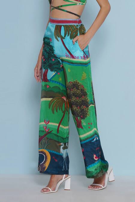 Limerick By Abirr N' Nanki Blue Crepe Printed Botanical Daze Flared Pant Online at Aza Fashions Limerick By Abirr N' Nanki_Blue Crepe Printed Botanical Daze Flared Pant _Online_at_Aza_Fashions