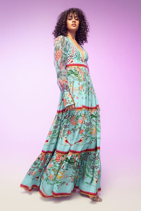 Limerick By Abirr N' Nanki_Blue Crepe Printed Garden Plunge V Neck Enisa Dress  _Online_at_Aza_Fashions
