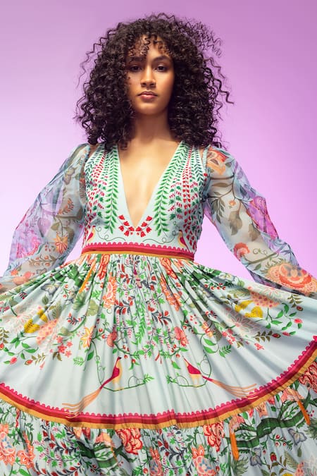Buy_Limerick By Abirr N' Nanki_Blue Crepe Printed Garden Plunge V Neck Enisa Dress  _Online_at_Aza_Fashions