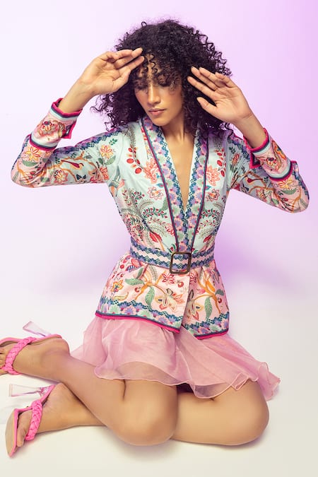 Limerick By Abirr N' Nanki_Blue Satin Embroidery Collared Felicia Floral Jacket _Online_at_Aza_Fashions