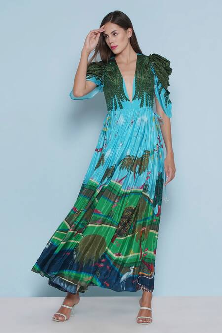 Limerick By Abirr N' Nanki_Blue Crepe Embroidery V-neck Harlan Botanical Print Dress _Online_at_Aza_Fashions