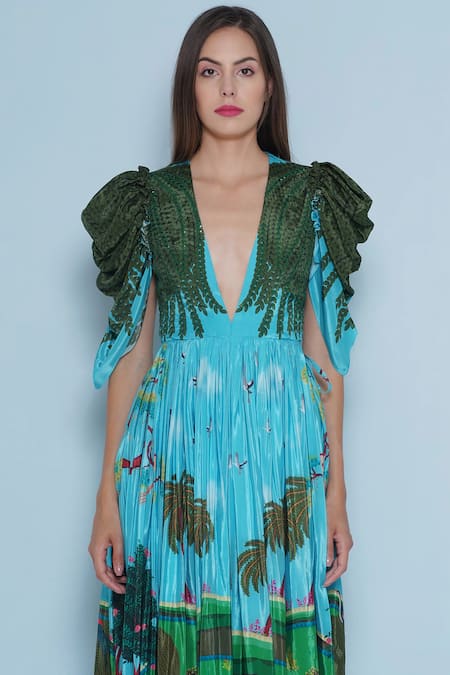 Buy_Limerick By Abirr N' Nanki_Blue Crepe Embroidery V-neck Harlan Botanical Print Dress _Online_at_Aza_Fashions