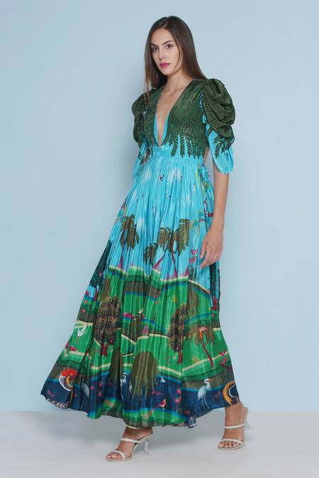 Shop_Limerick By Abirr N' Nanki_Blue Crepe Embroidery V-neck Harlan Botanical Print Dress _Online_at_Aza_Fashions