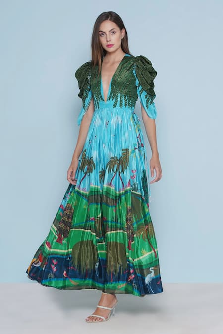 Limerick By Abirr N' Nanki_Blue Crepe Embroidery V-neck Harlan Botanical Print Dress _at_Aza_Fashions