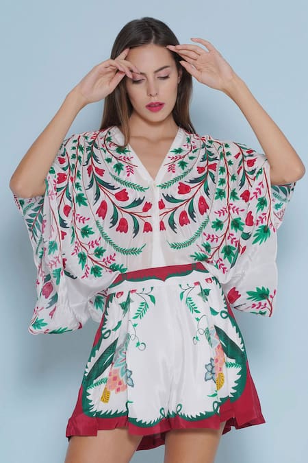 Limerick By Abirr N' Nanki White Crepe Sequins, Embroidery V-neck Tulip Print Top at Aza Fashions Limerick By Abirr N' Nanki_White Crepe Sequins, Embroidery V-neck Tulip Print Top _at_Aza_Fashions