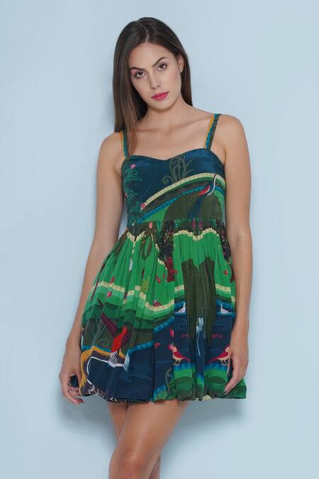 Limerick By Abirr N' Nanki_Blue Crepe Sweetheart Neck Jes Botanical Print Dress _Online_at_Aza_Fashions