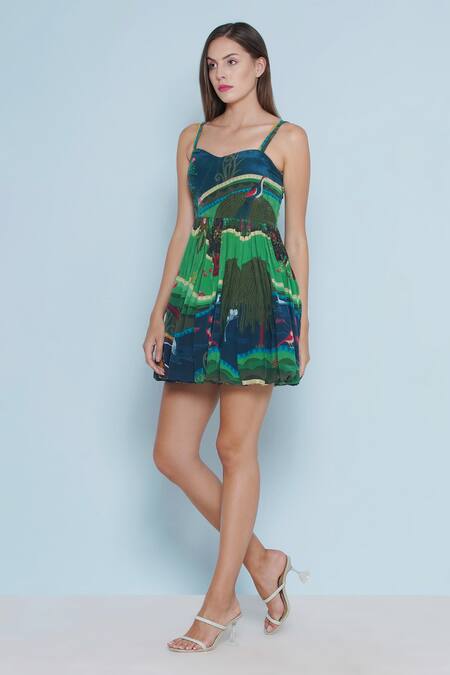 Shop_Limerick By Abirr N' Nanki_Blue Crepe Sweetheart Neck Jes Botanical Print Dress _Online_at_Aza_Fashions