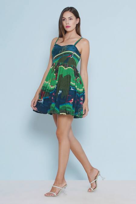 Limerick By Abirr N' Nanki_Blue Crepe Sweetheart Neck Jes Botanical Print Dress _at_Aza_Fashions