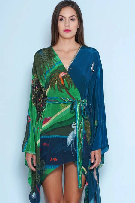Limerick By Abirr N' Nanki_Blue Crepe V-neck Jolie Printed Kaftan Dress _Online_at_Aza_Fashions