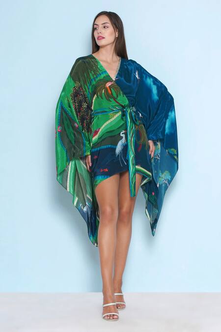 Shop_Limerick By Abirr N' Nanki_Blue Crepe V-neck Jolie Printed Kaftan Dress _Online_at_Aza_Fashions