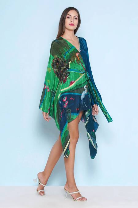 Limerick By Abirr N' Nanki_Blue Crepe V-neck Jolie Printed Kaftan Dress _at_Aza_Fashions