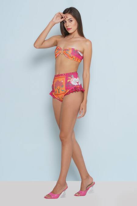 Limerick By Abirr N' Nanki_Pink Polyester, Spandex Sweetheart Neck Joy Printed Bikini Set _Online_at_Aza_Fashions