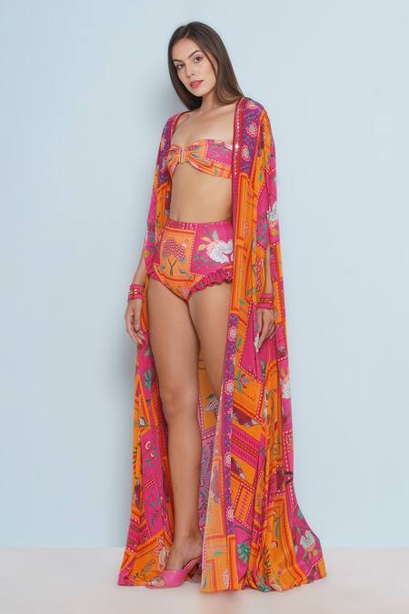 Limerick By Abirr N' Nanki_Pink Polyester, Spandex Sweetheart Neck Joy Printed Bikini Set _at_Aza_Fashions