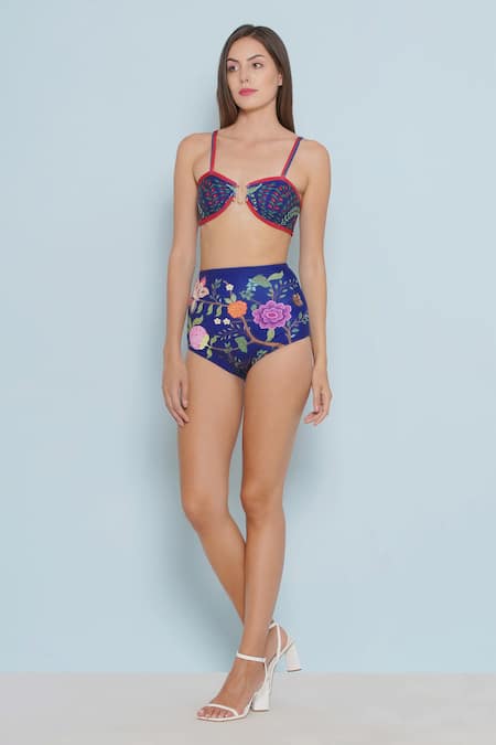 Buy_Limerick By Abirr N' Nanki_Blue Spandex, Polyester Sweetheart Neck Kyle Bloom Print Bikini Set _Online_at_Aza_Fashions