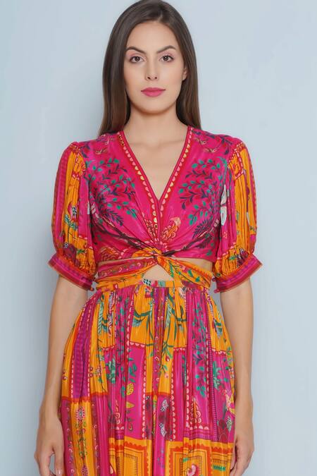 Limerick By Abirr N' Nanki Pink Crepe V-neck Sienna Plumeria Print Twisted Knot Maxi Dress Online at Aza Fashions Limerick By Abirr N' Nanki_Pink Crepe V-neck Sienna Plumeria Print Twisted Knot Maxi Dress _Online_at_Aza_Fashions
