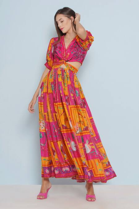 Buy Limerick By Abirr N' Nanki Pink Crepe V-neck Sienna Plumeria Print Twisted Knot Maxi Dress Online at Aza Fashions Buy_Limerick By Abirr N' Nanki_Pink Crepe V-neck Sienna Plumeria Print Twisted Knot Maxi Dress _Online_at_Aza_Fashions
