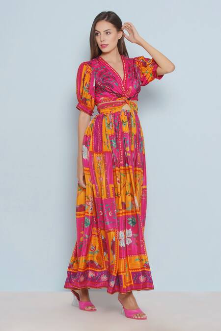 Shop Limerick By Abirr N' Nanki Pink Crepe V-neck Sienna Plumeria Print Twisted Knot Maxi Dress Online at Aza Fashions Shop_Limerick By Abirr N' Nanki_Pink Crepe V-neck Sienna Plumeria Print Twisted Knot Maxi Dress _Online_at_Aza_Fashions
