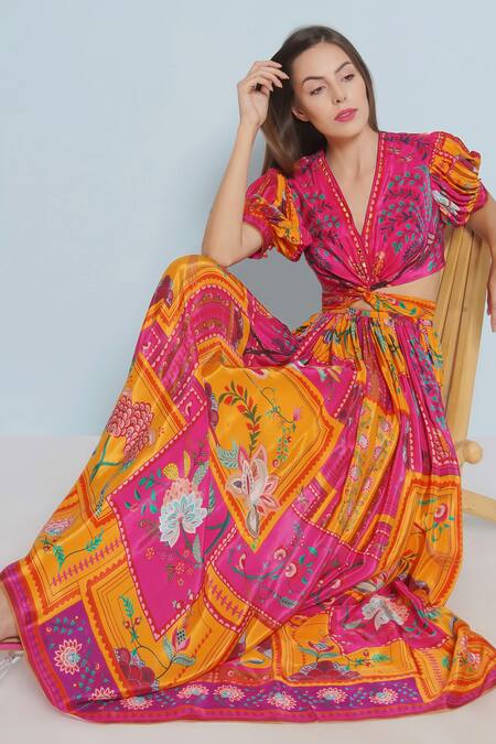 Limerick By Abirr N' Nanki Pink Crepe V-neck Sienna Plumeria Print Twisted Knot Maxi Dress at Aza Fashions Limerick By Abirr N' Nanki_Pink Crepe V-neck Sienna Plumeria Print Twisted Knot Maxi Dress _at_Aza_Fashions