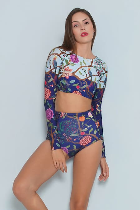 Buy_Limerick By Abirr N' Nanki_Blue Spandex, Polyester Boat Neck Sim Chintz Fleur Bikini Set _Online_at_Aza_Fashions